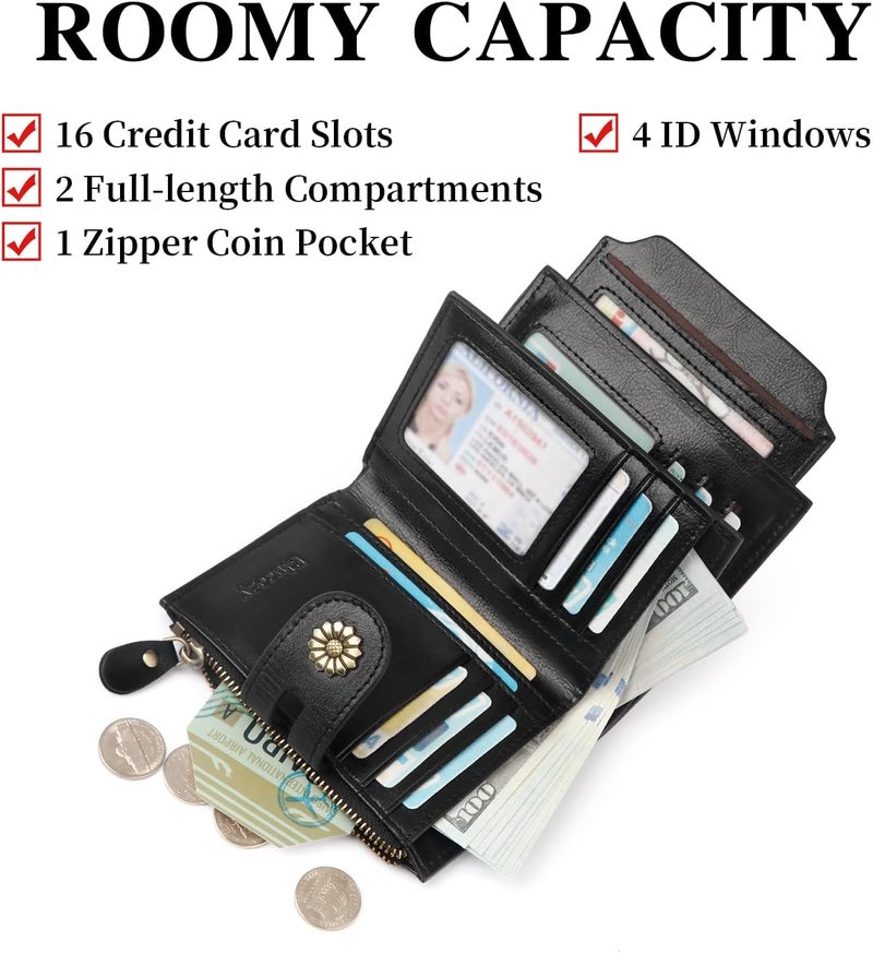 Blucoay Wallet Women,RFID Blocking Leather Womens Wallet Bifold Compact Card Holder Small Wallet for Women with Removable ID Window Black - Image 3